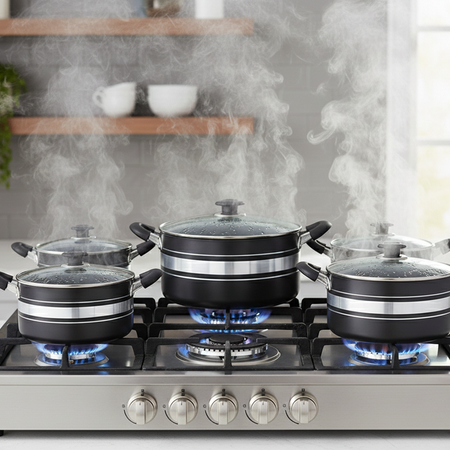 5 Pcs Aluminium Non Stick Cookware Set–Black Casserole Pots with Lids (20-28 cm)