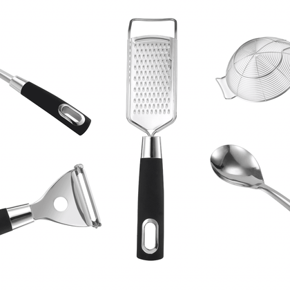 Royal Cuisine Set of 5 Stainless Steel Silicone Coated Kitchen Gadgets Including Fish Slice, Cooking Spoon, Cheese Grater, Skimmer Spoon and Potato Peeler