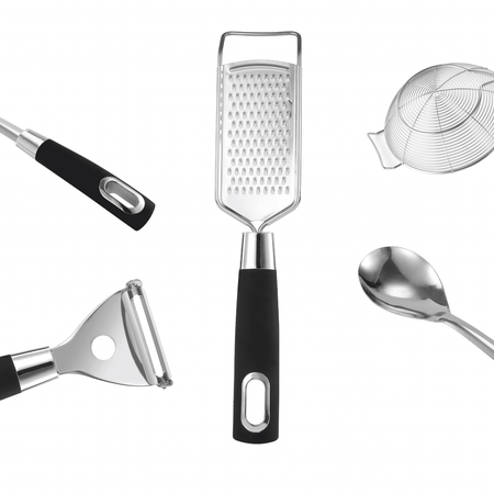 Royal Cuisine Set of 5 Stainless Steel Silicone Coated Kitchen Gadgets Including Fish Slice, Cooking Spoon, Cheese Grater, Skimmer Spoon and Potato Peeler