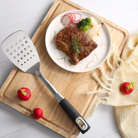 Royal Cuisine Set of 5 Stainless Steel Silicone Coated Kitchen Gadgets Including Fish Slice, Cooking Spoon, Cheese Grater, Skimmer Spoon and Potato Peeler
