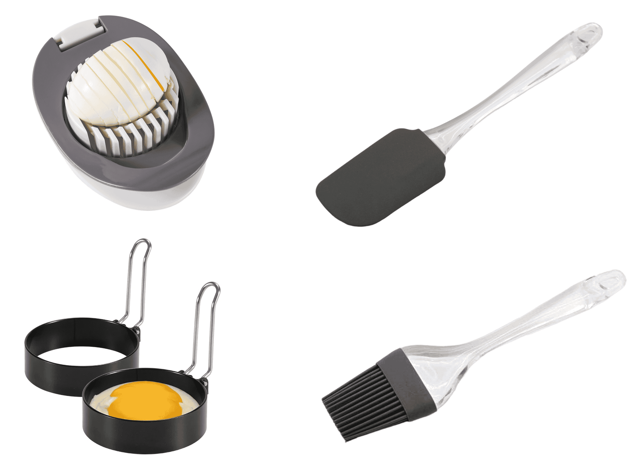 Royal Cuisine Set of 4 (2 Non Stick Round Eggs Maker) 1 Wire Egg Slicer 1Silicone Pastry Brush and 1 Silicone Spatula