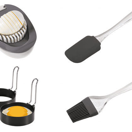 Royal Cuisine Set of 4 (2 Non Stick Round Eggs Maker) 1 Wire Egg Slicer 1Silicone Pastry Brush and 1 Silicone Spatula