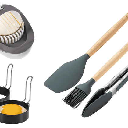 Royal Cuisine Set of 3 (2 Non Stick Round Eggs Maker) 1 Wire Egg Slicer 3 pcs Silicon Kitchen Set (Silicon Tongs, Silicon Spatula, BBQ Silicon Brush)-Kitchen Tools