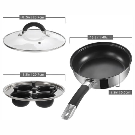 20cm Stainless Steel Egg Poacher Pan with Lid – 4 Non Stick Cups
