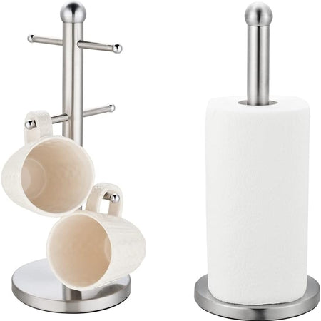 Stainless Steel Kitchen Roll Holder & 6-Hook Mug Tree Set