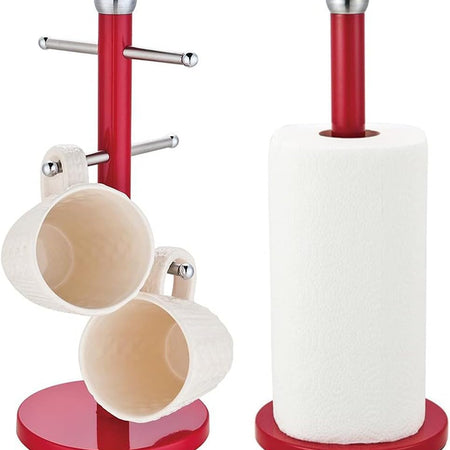 Stainless Steel Kitchen Roll Holder & 6-Hook Mug Tree Set