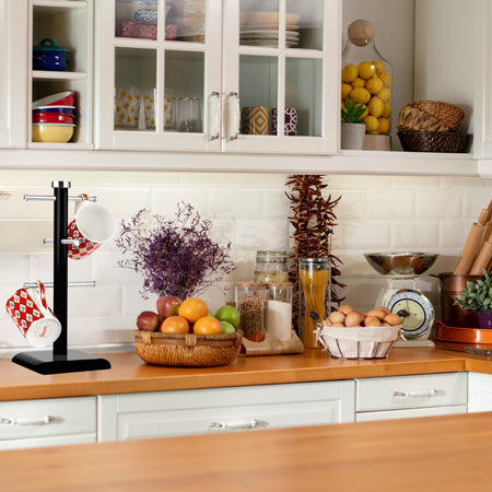 Royal Cuisine Black Mug Tree & Kitchen Roll Holder – 6 Cup Stand