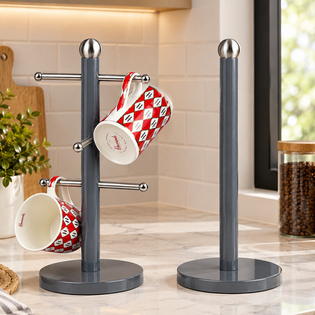Stainless Steel Kitchen Roll Holder & 6-Hook Mug Tree Set