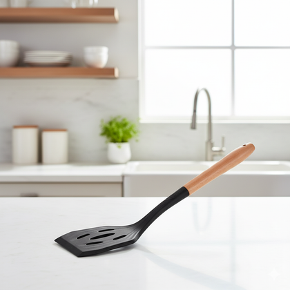 Silicone Nylon Slotted Spatula with Wooden Handle – Heat Resistant Turner Kitchen