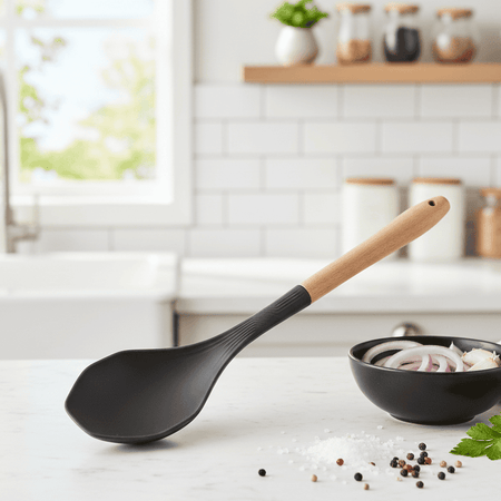 Silicone Nylon Solid Spoon with Wooden Handle – Heat Resistant Kitchen Utensil