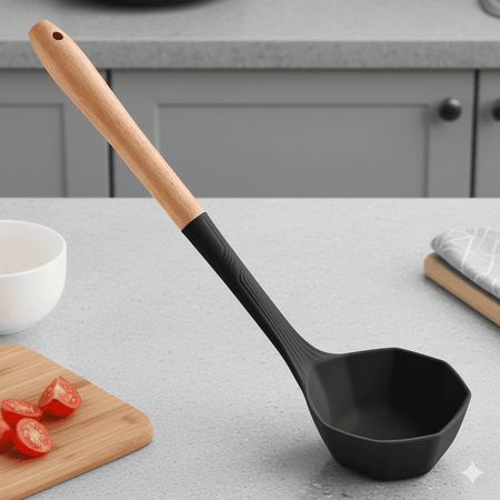 Silicone Nylon Ladle with Wooden Handle – Heat Resistant, Non-Stick Safe Ladle
