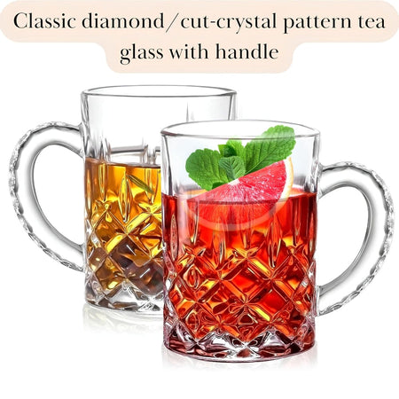 Royal Cuisine Glass Mugs with Handle, 280ml Crystal Cut Turkish Tea Cups, Set of 6