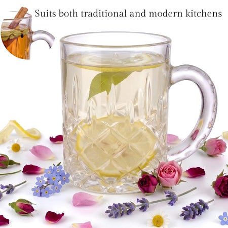 Royal Cuisine Glass Mugs with Handle, 280ml Crystal Cut Turkish Tea Cups, Set of 6