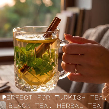 Royal Cuisine Glass Mugs with Handle, 280ml Crystal Cut Turkish Tea Cups, Set of 6