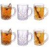 Royal Cuisine Glass Mugs with Handle, 280ml Crystal Cut Turkish Tea Cups, Set of 6