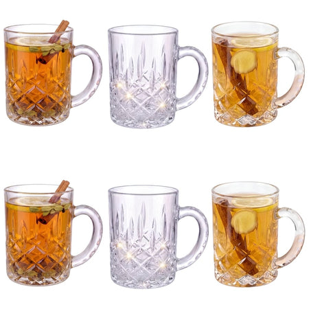 Royal Cuisine Glass Mugs with Handle, 280ml Crystal Cut Turkish Tea Cups, Set of 6