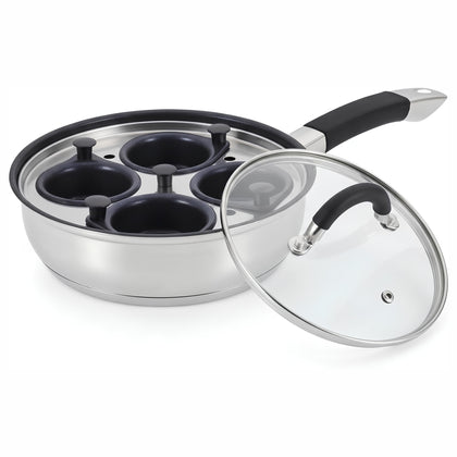 20cm Stainless Steel Egg Poacher Pan with Lid – 4 Non Stick Cups