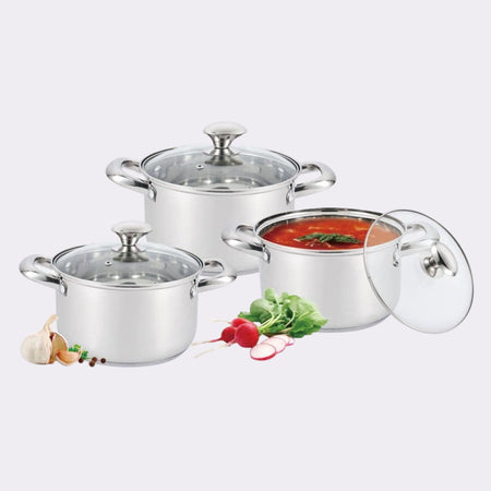 Royal Cuisine Stainless Steel Cooking Pots Set, 3 Piece, 24cm, 26cm & 28cm with Glass Lids