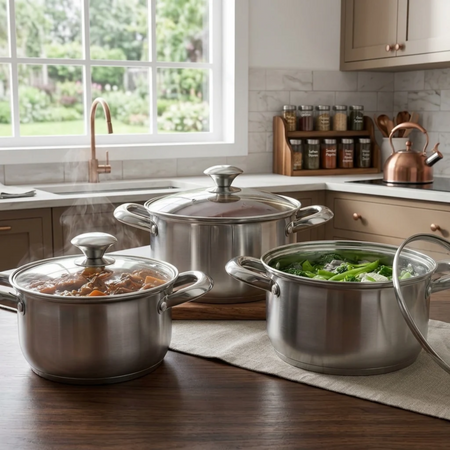 Royal Cuisine Stainless Steel Stockpot Set of 3 with Glass Lids – 18cm, 20cm & 22cm