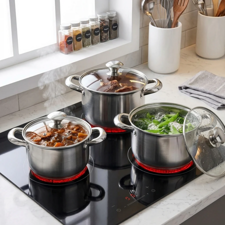 Royal Cuisine Stainless Steel Stockpot Set of 3 with Glass Lids – 18cm, 20cm & 22cm