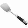A stainless steel kitchen spatula with a black ergonomic handle, shown diagonally on a solid white background.