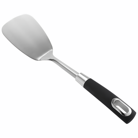 A stainless steel kitchen spatula with a black ergonomic handle, shown diagonally on a solid white background.