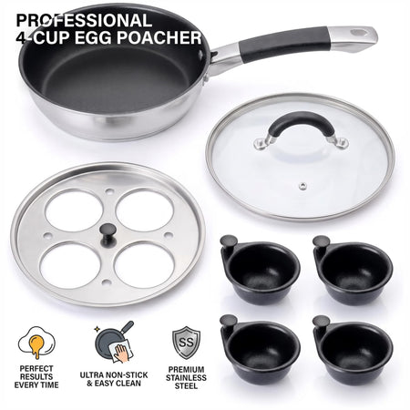 20cm Stainless Steel Egg Poacher Pan with Lid – 4 Non Stick Cups