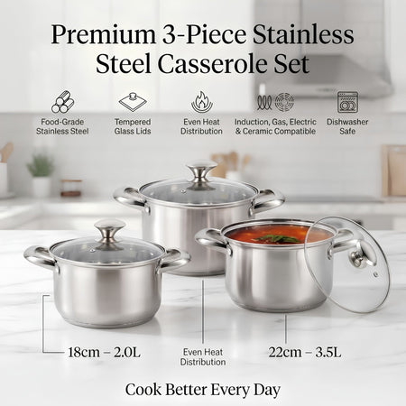 Royal Cuisine Stainless Steel Cooking Pots Set, 3 Piece, 24cm, 26cm & 28cm with Glass Lids