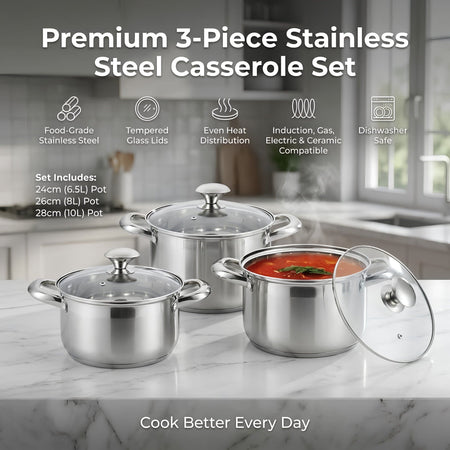 Royal Cuisine Stainless Steel Cooking Pots Set, 3 Piece, 24cm, 26cm & 28cm with Glass Lids