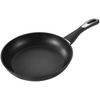 A black non-stick frying pan with a textured interior and a black handle featuring a silver accent, shown on a solid white background.
