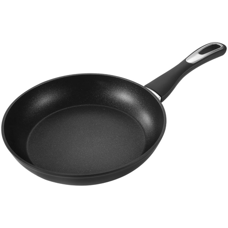 A black non-stick frying pan with a textured interior and a black handle featuring a silver accent, shown on a solid white background.