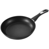 A black non-stick frying pan with a textured interior and a black handle featuring a silver accent, shown on a solid white background.