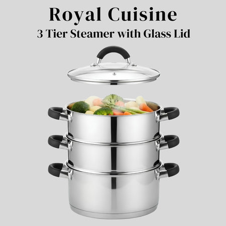 Royal Cuisine 3 Tier Stainless Steel Steamer – 18cm, 20cm, 22cm & 24cm