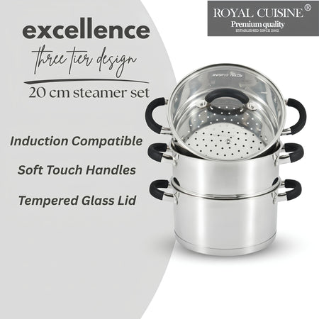 Royal Cuisine 3 Tier Stainless Steel Steamer – 18cm, 20cm, 22cm & 24cm