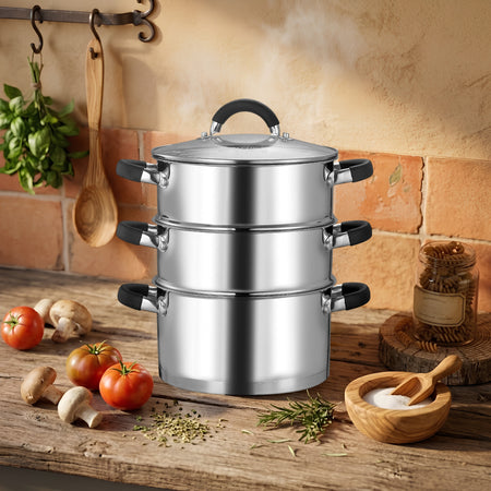 Royal Cuisine 3 Tier Stainless Steel Steamer – 18cm, 20cm, 22cm & 24cm