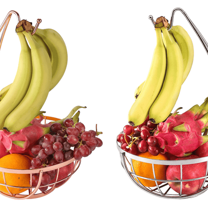 Fruit Basket with Banana Hanger Hook – Chrome Wire Elegant Vegetable Stand Bowl