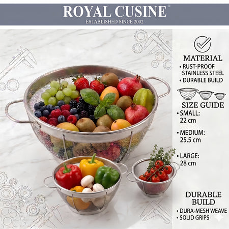 Royal Cuisine 3 Piece Stainless Steel Colander Set – Kitchen Colanders & Pasta Strainer