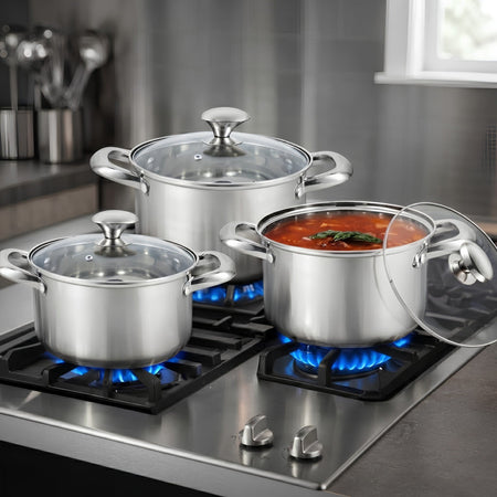 Royal Cuisine Stainless Steel Cooking Pots Set, 3 Piece, 24cm, 26cm & 28cm with Glass Lids