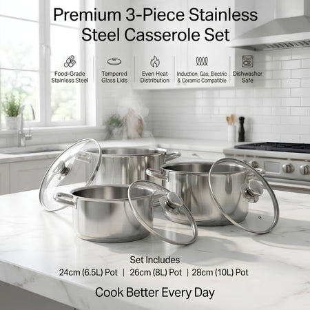 Royal Cuisine Stainless Steel Cooking Pots Set, 3 Piece, 24cm, 26cm & 28cm with Glass Lids