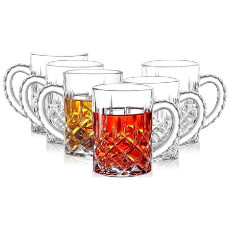 Royal Cuisine Glass Mugs with Handle, 280ml Crystal Cut Turkish Tea Cups, Set of 6