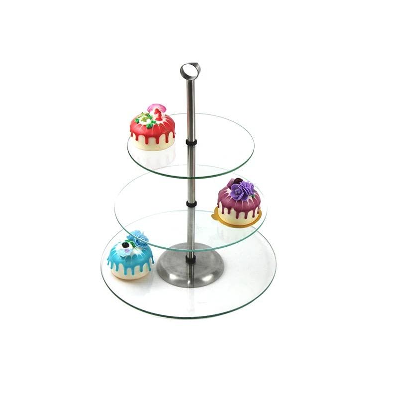 Royal Cuisine 3 Tier Glass Cake Stand with stainless Steel Carry Handle Afternoon Tea Serving Platter Fruit Sweets Candy Pastry Tray Chocolate Cookies Display Tower Food Server for Birthday Party