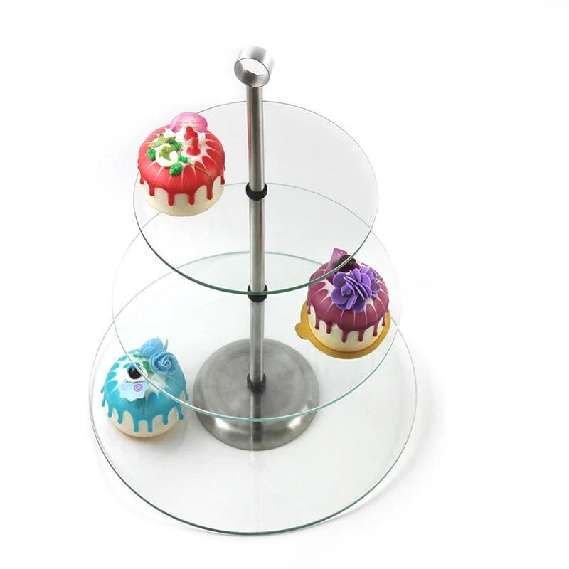 Royal Cuisine 3 Tier Glass Cake Stand with stainless Steel Carry Handle Afternoon Tea Serving Platter Fruit Sweets Candy Pastry Tray Chocolate Cookies Display Tower Food Server for Birthday Party