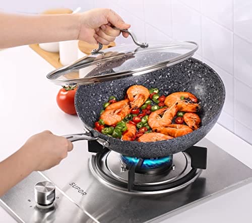 Royal Cuisine Nonstick Granite Effect Wok Pan with Glass Lid