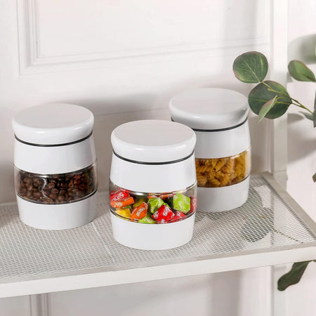 Glass Storage Jars Set of 3 – Tea, Coffee & Sugar Canisters – White