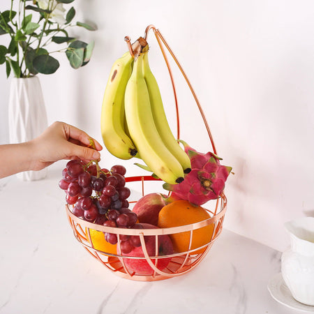 Fruit Basket with Banana Hanger Hook – Chrome Wire Elegant Vegetable Stand Bowl