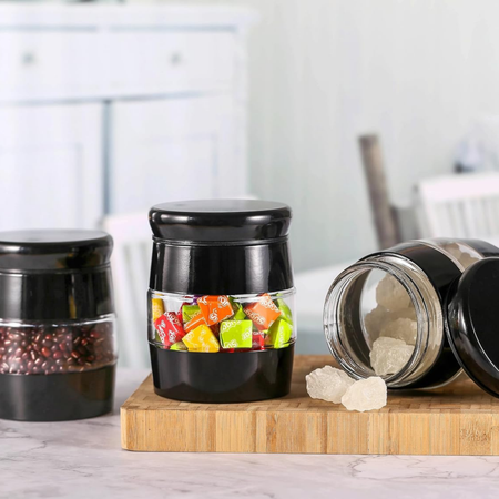 Tea Coffee Sugar Canisters - 3 Piece Glass Storage Set, Black