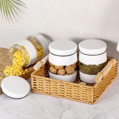 Glass Storage Jars Set of 3 – Tea, Coffee & Sugar Canisters – White
