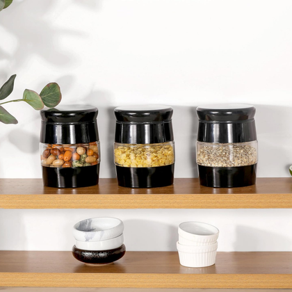 Tea Coffee Sugar Canisters - 3 Piece Glass Storage Set, Black