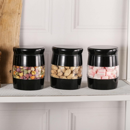 Tea Coffee Sugar Canisters - 3 Piece Glass Storage Set, Black