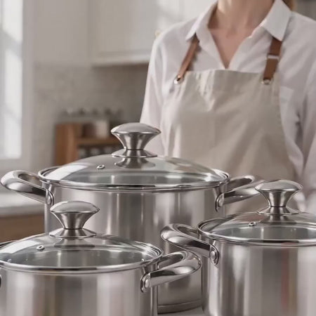 Royal Cuisine Stainless Steel Cooking Pots Set, 3 Piece, 24cm, 26cm & 28cm with Glass Lids